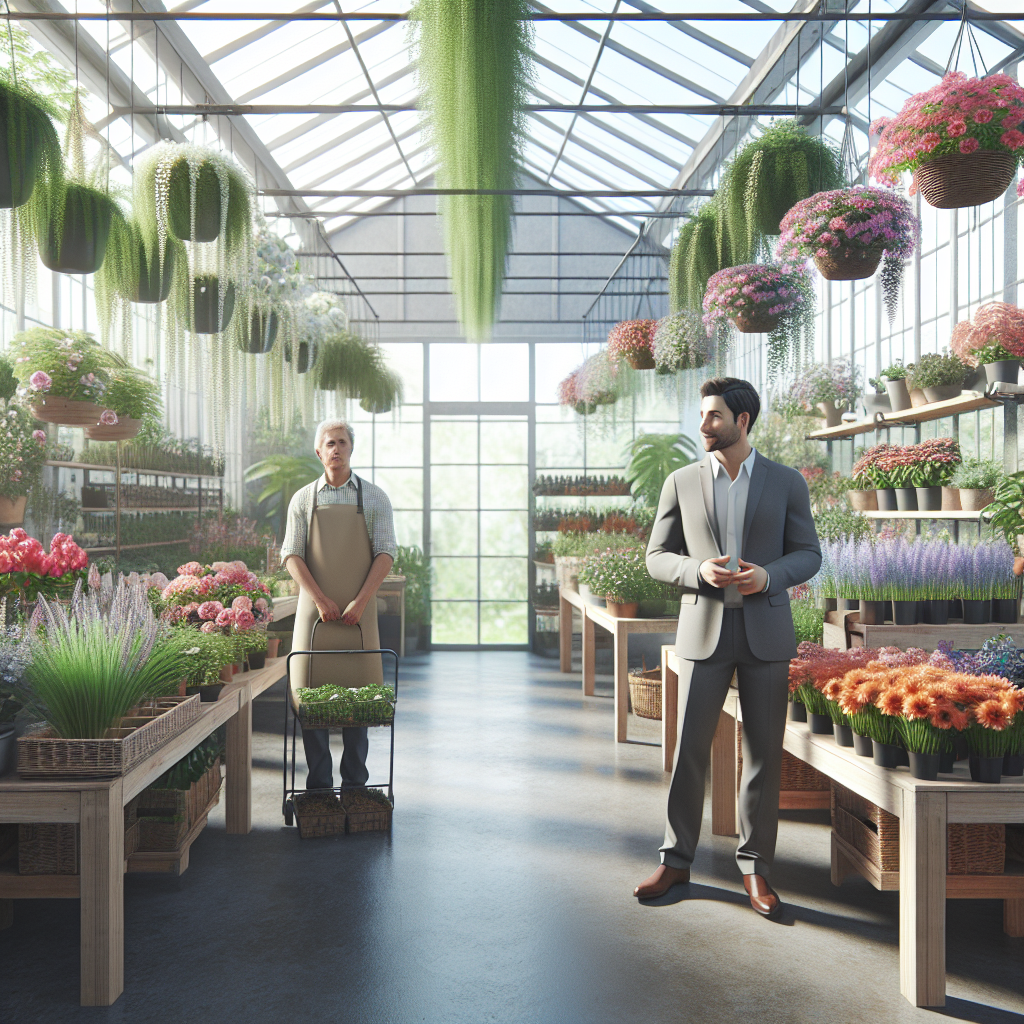 Customer browsing beautiful flower selection in bright modern greenhouse interior